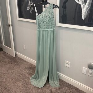 David's Bridal One Shoulder Gown in Soft Green